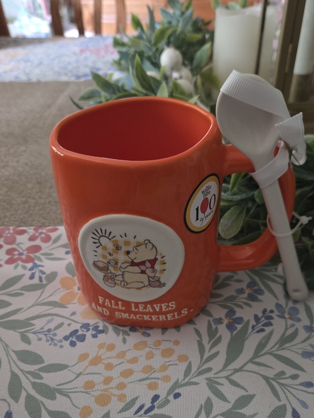 Rae Dunn Orange Winnie the Pooh Fall Leaves Mug with White Spoon